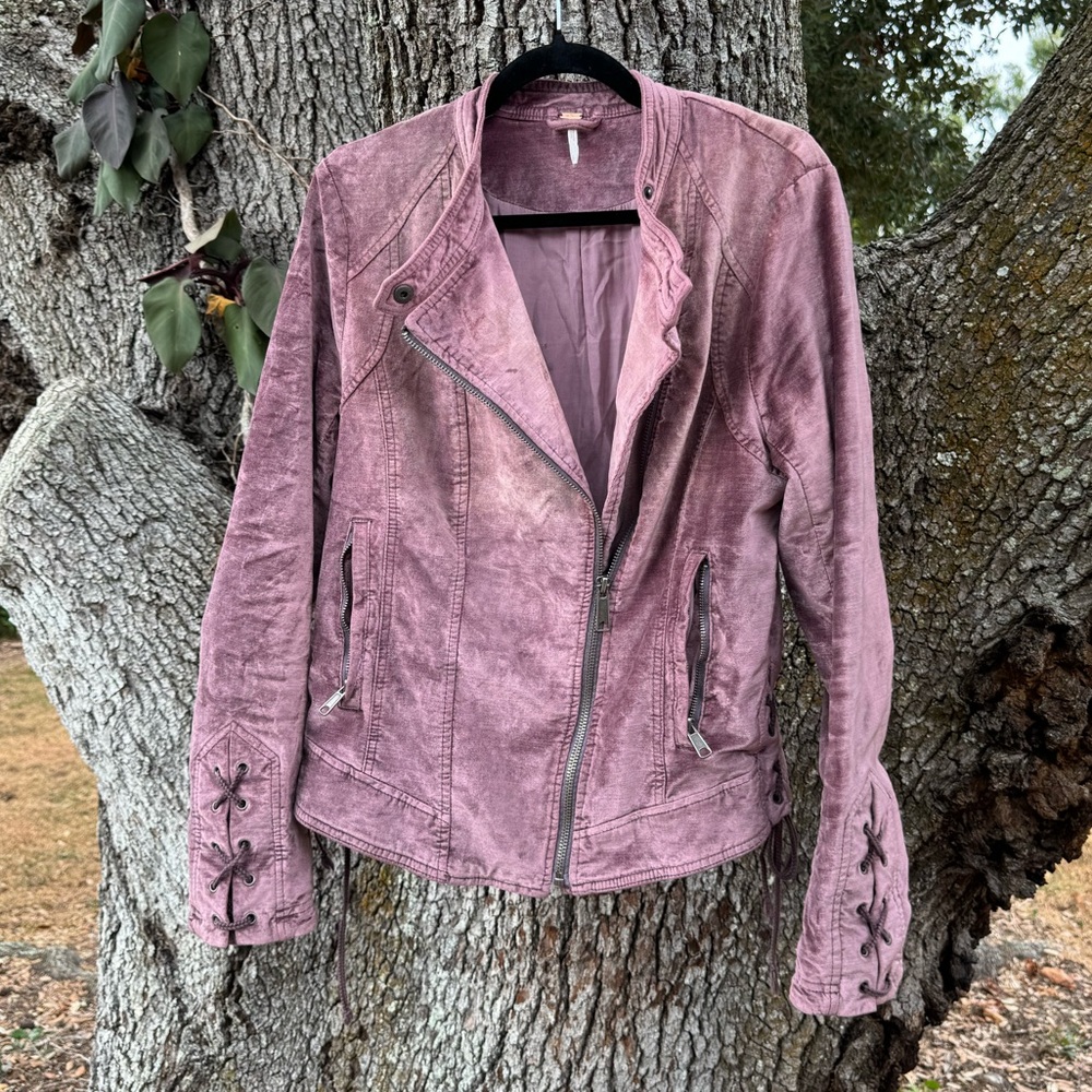Free People Crushed Velvet Purple Moto jacket with lace up details.Size Large - Picture 6 of 16
